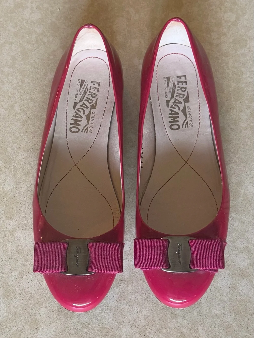 Salvatore Ferragamo Pink Patent Leather Vara Bow Flats